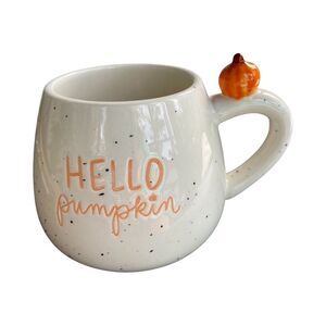 Coffee Mug Tea “Hello Pumpkin” White Speckled with pumpkin enhanced handle • NWT